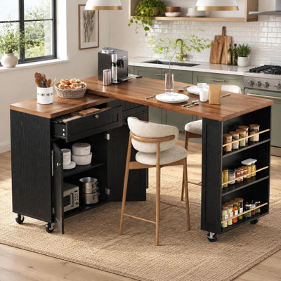 Rolling Kitchen Island Cart With 360 Degree Swivel Tabletop And Hidden Trash Can Cabinet