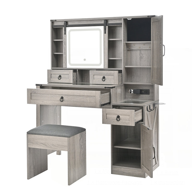 Pavo Farmhouse Vanity With Movable LED Mirror And Charging Station, Gray