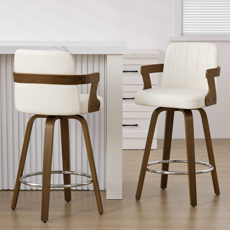 Upholstered Swivel Counter & Bar Stool With Armrest, White, Bar Stool (29" Seat Height)