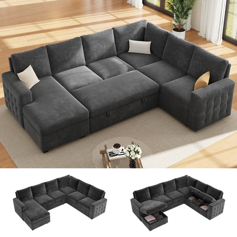 Canapé-lit modulaire en U escamotable avec rangement, revêtement en chenille gris foncé, Gris chenille