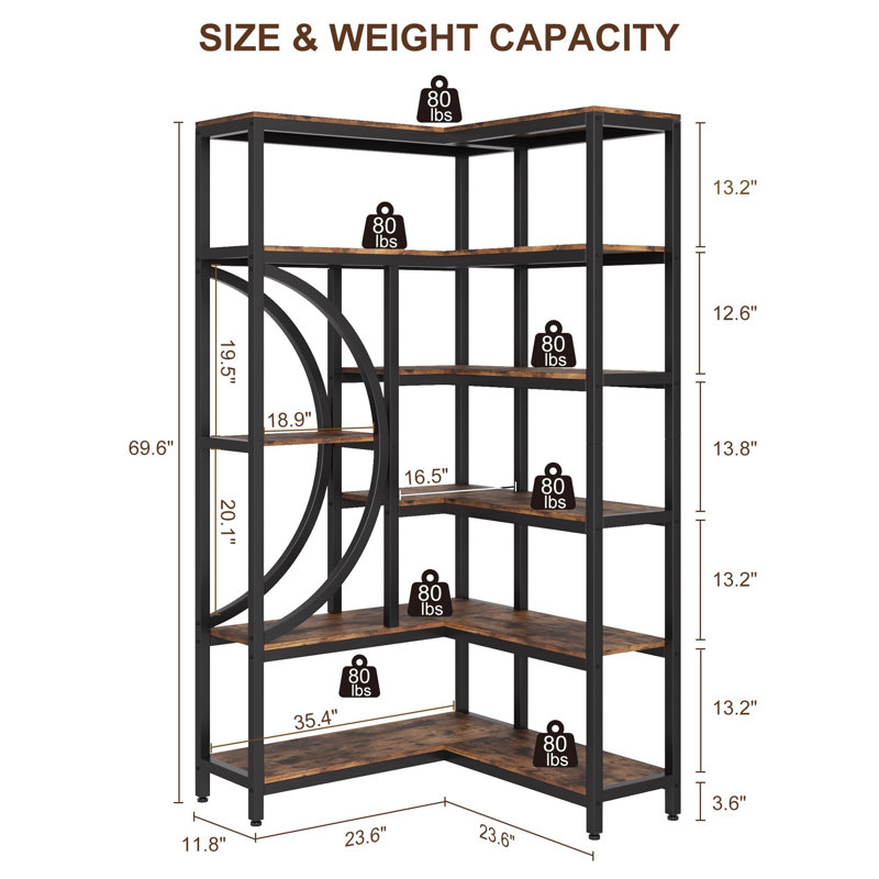 Modern Corner Bookshelf, 6 Tier Wooden Corner Bookcase, L-Shaped Storage Rack, Corner Solid Display Rack,Plant Stand