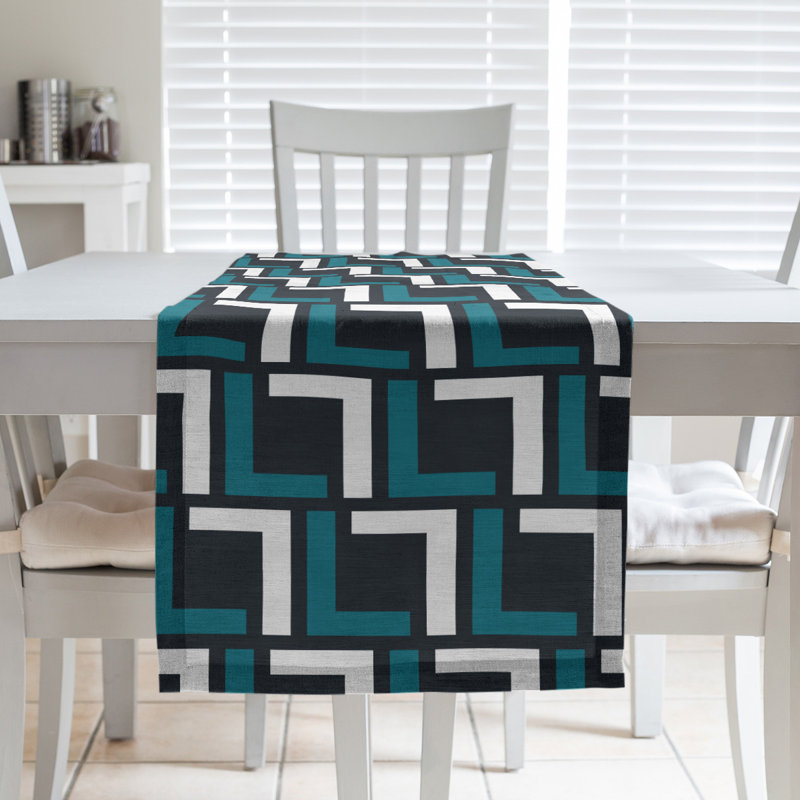 Chemin de table Carolina, 72 po x 16 po, Coton, Bleu sarcelle / blanc / noir