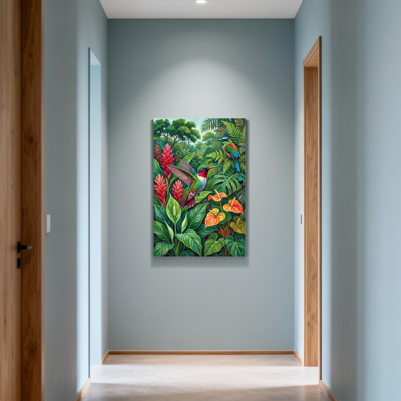 Animaux, oiseaux tropicaux et scène de fleurs vibrantes, H 24 po x l 36 po