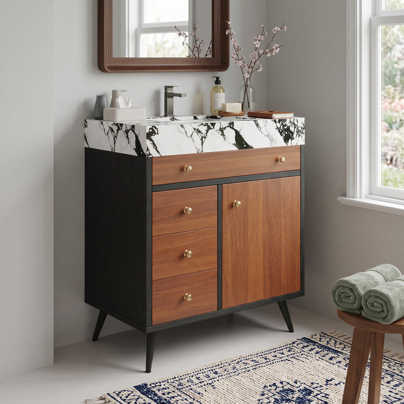 Meuble-lavabo moderne autoportant avec comptoir en pierre frittée et lavabo en céramique intégré
