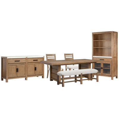 Table de salle à manger extensible à tréteaux avec 2 chaises d'appoint et une vitrine