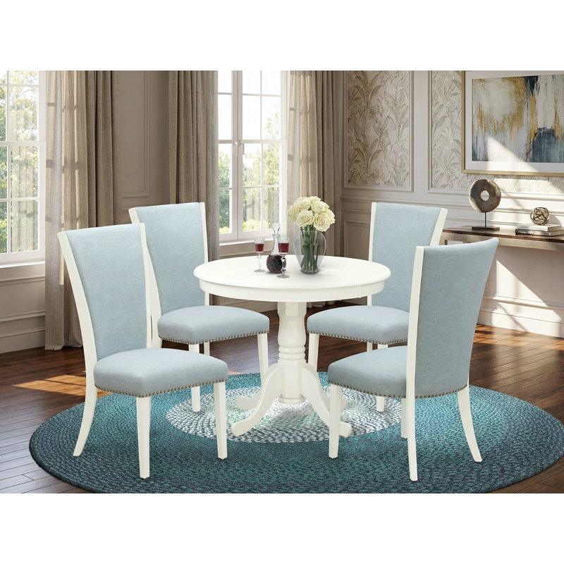 5 Piece Dining Room Furniture Set Includes a Round Kitchen Table with Pedestal and 4 Baby Blue Linen Fabric Parson Dining Chairs, Linen White