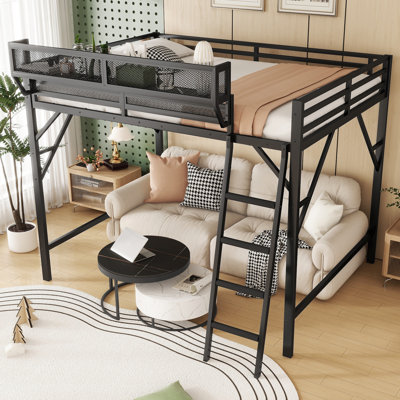 Metal Loft Bed with Ladder & Storage Shelves, High Loft Bed for Kids & Teens
