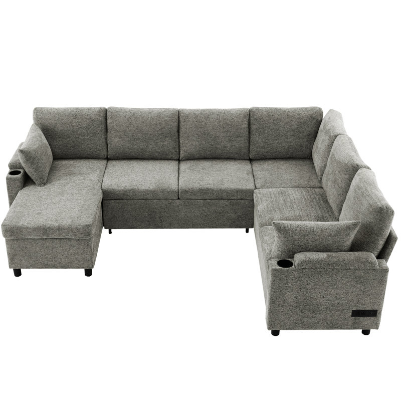 Lit en U avec rangement caché et revêtement doux - porte-gobelets gris, Gris clair