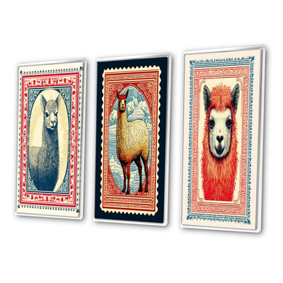 3 Pieces on Canvas - Stamp Retro Illustration Of Alpaca Portrait II