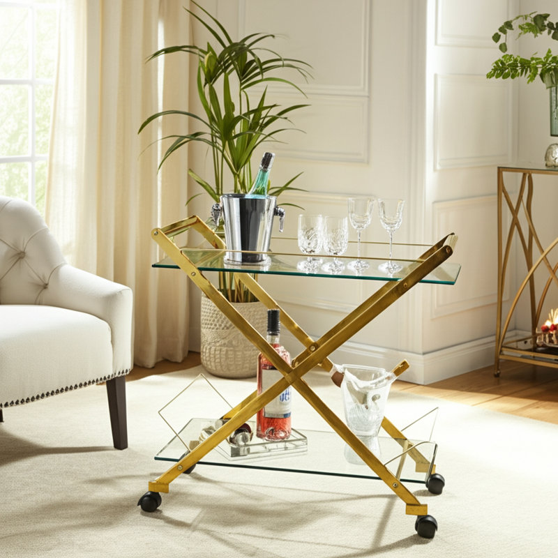 Pagan Bar Cart Metal and Glass Glam Design with Sleek Modern Style and Rolling Wheels for Versatile Entertaining, Gold