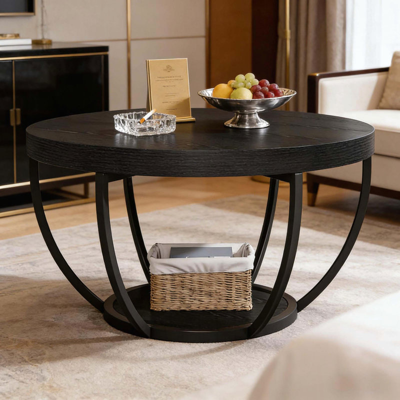 Table basse ronde à 2 niveaux avec structure en arc, Noir