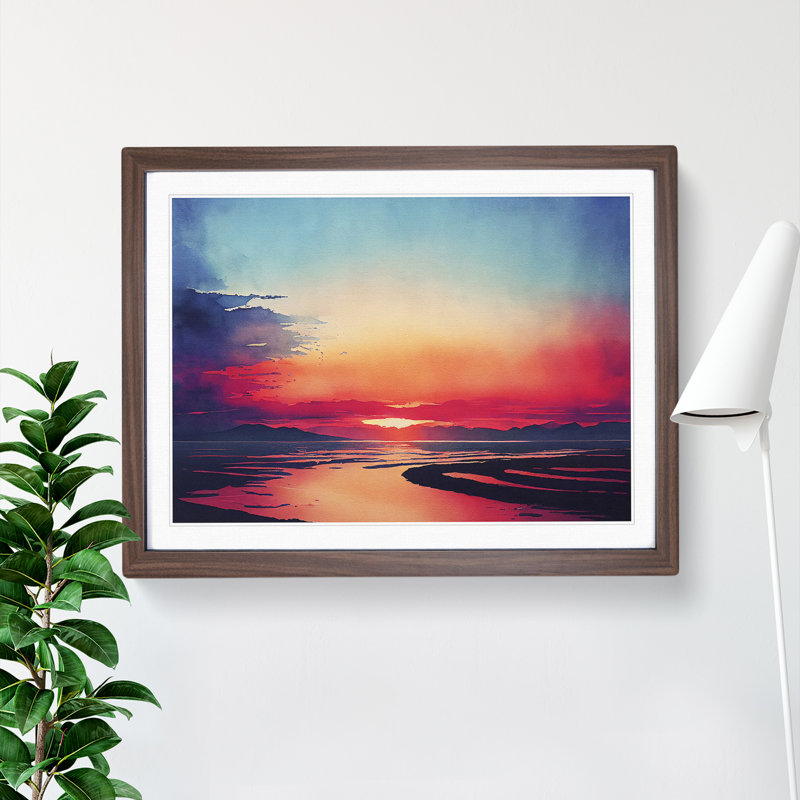 Watercolour Ocean Skyline - Single Picture Frame Painting, 25cm H x 34cm W x 2cm D, Walnut
