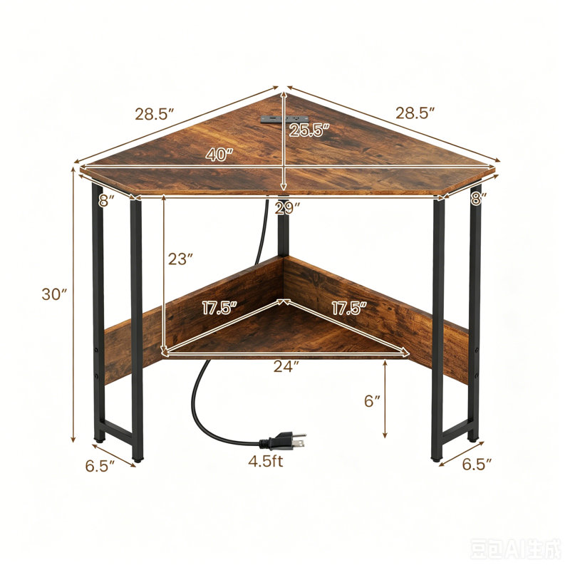 Corner Metal Base Computer Desk with Power Outlet, Brown/Black