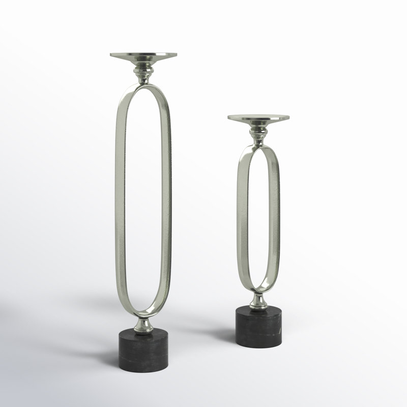Silver and Black Aluminum Marble Tabletop Candlestick Set