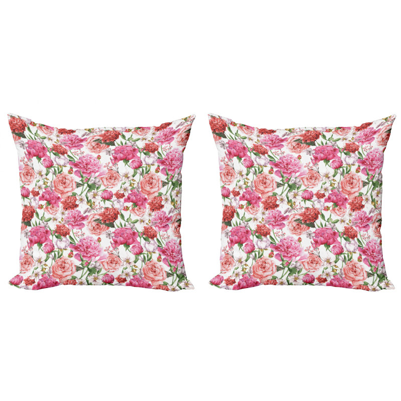 Floral Pink and White Microfiber Square Throw Pillow Covers