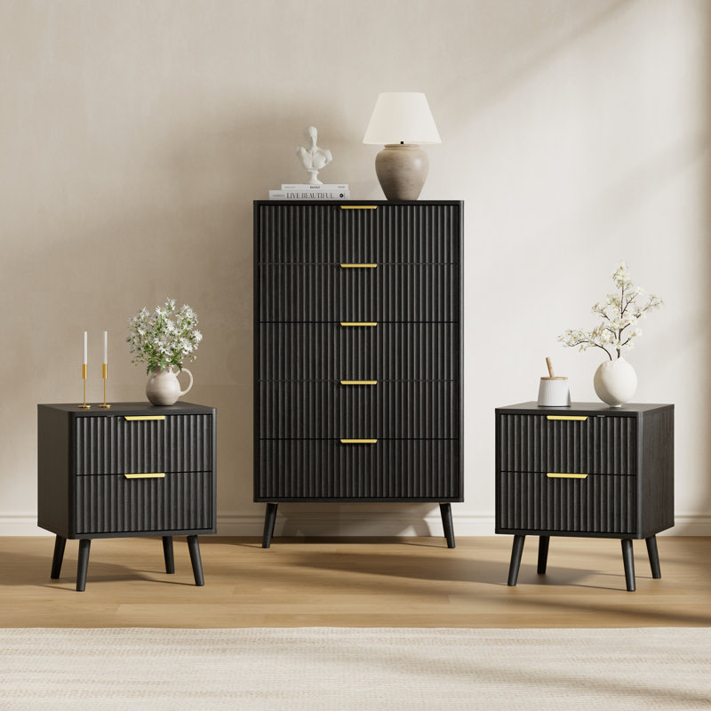 3-piece Bedroom Set (1 Dresser + 2 Nightstands), Black, 3 Pieces: Chest, 2 Nightstands
