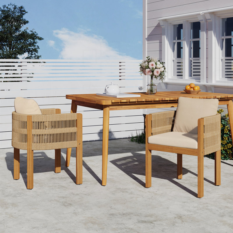 Ensemble de 2 chaises d'extérieur en bois d'acacia avec poignées en corde brunes, Beige