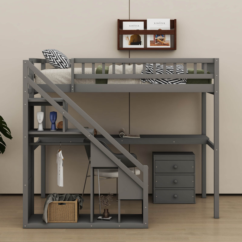 Lit mezzanine avec deux commodes, bureau et bande lumineuse, gris, Simple