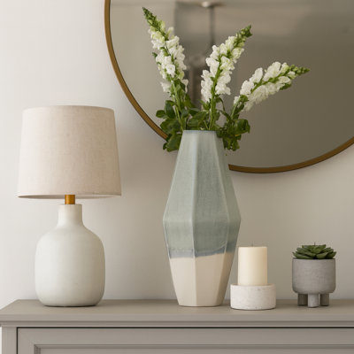 Vase à fleurs contemporain à facettes pour la décoration intérieure - Vase haut à trois tons pour décor de chambre à coucher et de salon - Vert et ivoire