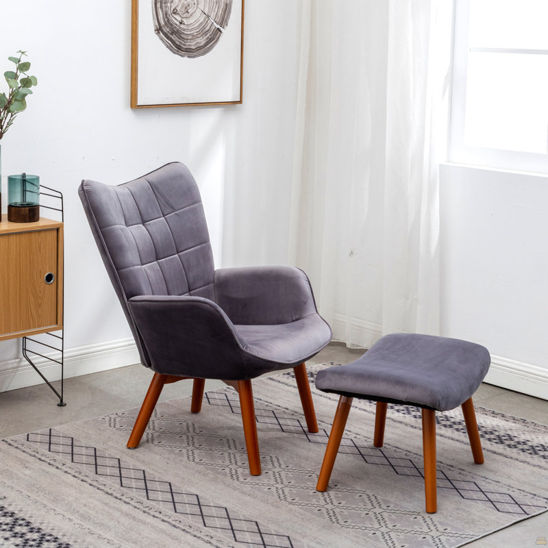 Fauteuil d'appoint contemporain en velours soyeux avec repose-pieds Leiria, gris, Gris