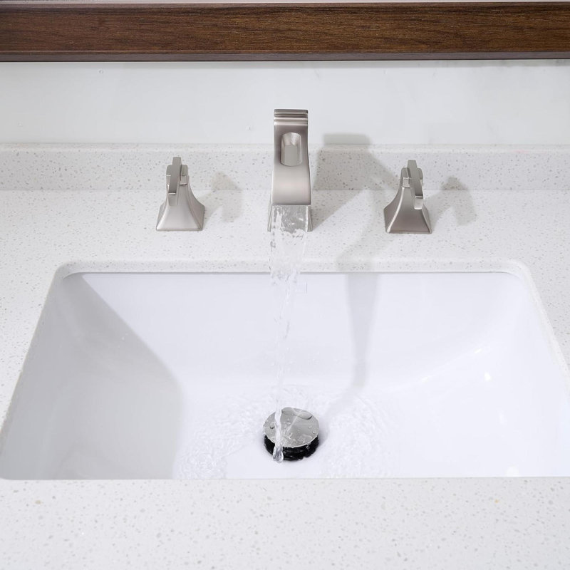 Brushed Nickel Bathroom Faucet 3 Hole, Brass Waterfall  Widespread Bathroom Sink Faucet With Pop-Up Drain, Cupc Supply Hoses, 2 Handles For Vanity, Restroom, Modern Hollowed Design