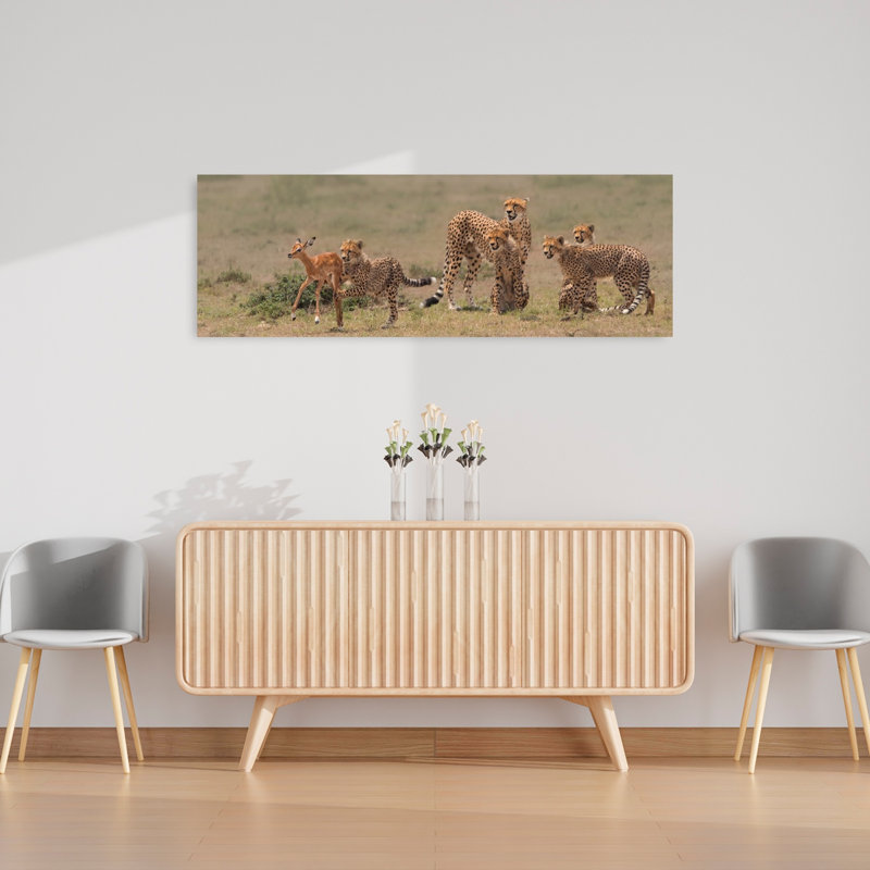 Cheetah Family Hunt by Yun Wang - Wrapped Canvas Panoramic Print, 121.92 cm H x 40.64 cm W