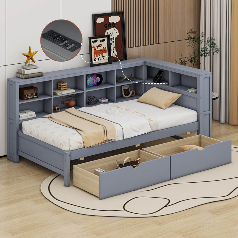 Wooden DayBed with 2 Drawers, Shelf and USB Charging Ports, Gray, Twin