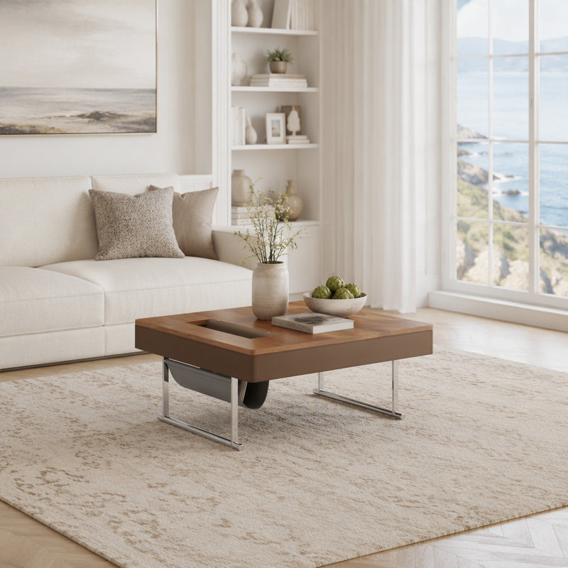 Table basse 35,43 po carrée en noyer avec plateau de table épaissi et base en acier inoxydable