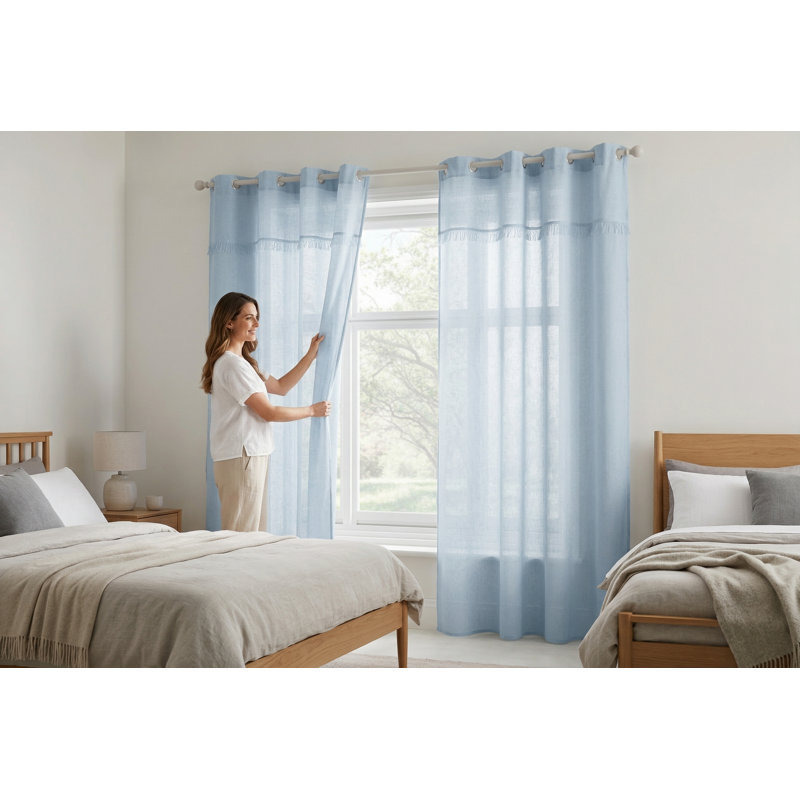 Panneau de rideau Aarvin aspect lin, long de 213 cm, œillets, occultant, avec cantonnière, pour salon, panneau unique, bleu