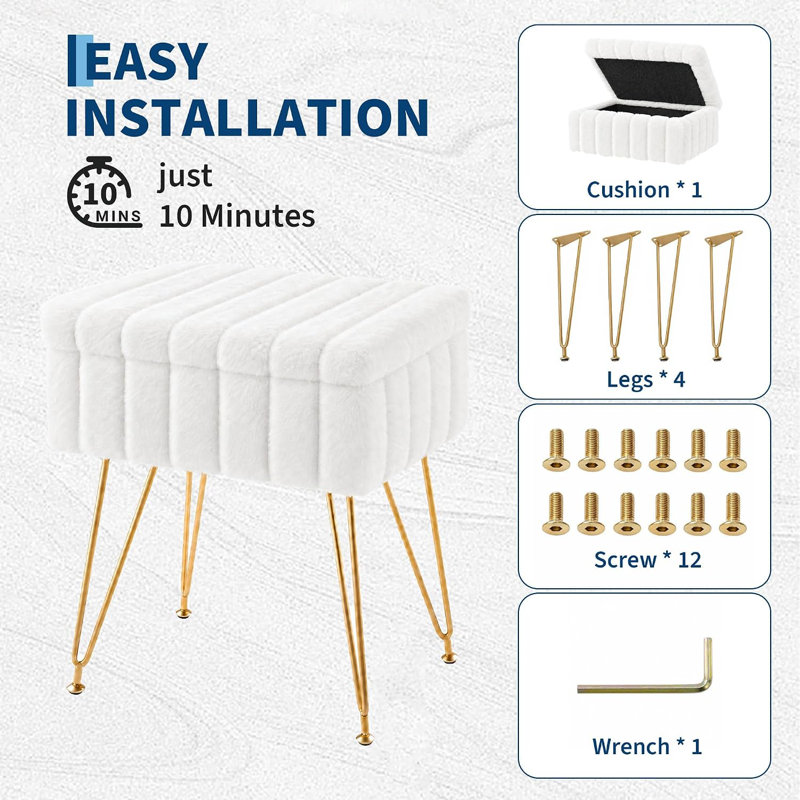 Tabouret de coiffeuse avec rangement, Blanc, Fourrure