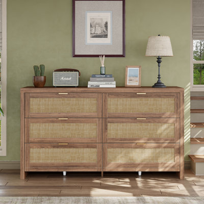 6-Drawer Rattan Dresser with Rolling Wheels, Walnut