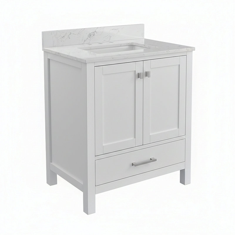 Meuble-lavabo de 30 po avec cadre en bois massif et comptoir de meuble-lavabo autoportant avec lavabo blanc