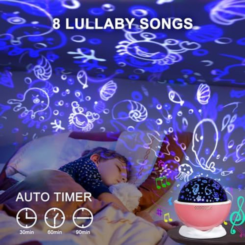 Night Light Projector for Kids Room with Remote and Timer, 360 Rotation, 3 Projection Films, 18 Light Modes, 8 Lullaby Songs, Kids Room Light Projector Lamp Rechargeable, Birthday Gifts for Boys Girls