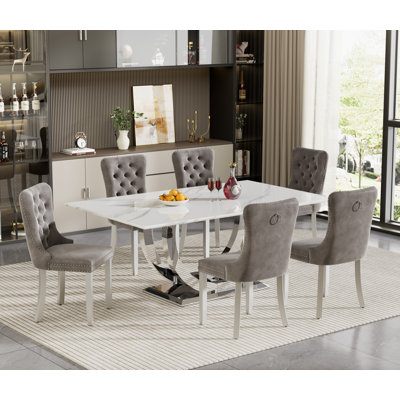 Faux Marble Dining Table Set, 69.3" Rectangular Dining Table & Tufted Velvet Chairs, Modern Kitchen Dining Room Table with Dual U-Shape Stainless Steel Base and Chairs Set
