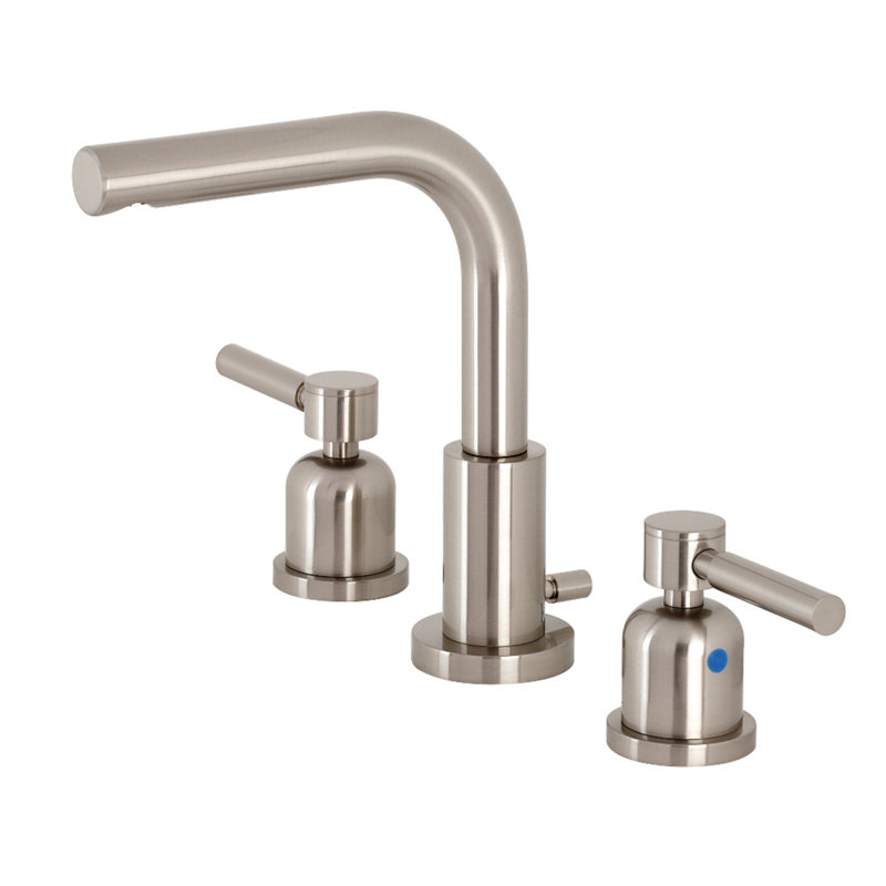 Kingston Brass Kaiser Two-Handle 3-Hole Deck Mount Widespread Bathroom Faucet with Brass Pop-Up Drain, Brushed Nickel