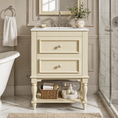 Meuble-lavabo de 20 po avec lavabo en céramique, armoire de rangement avec tablette ouverte, armoire de salle de bain rétro avec 2 tiroirs