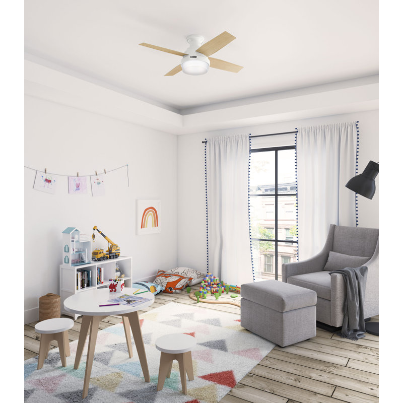 Dempsey Low Profile 44" 4 - Blade Indoor Flush Mount Small Room Ceiling Fan with Lights and Remote, Fresh White