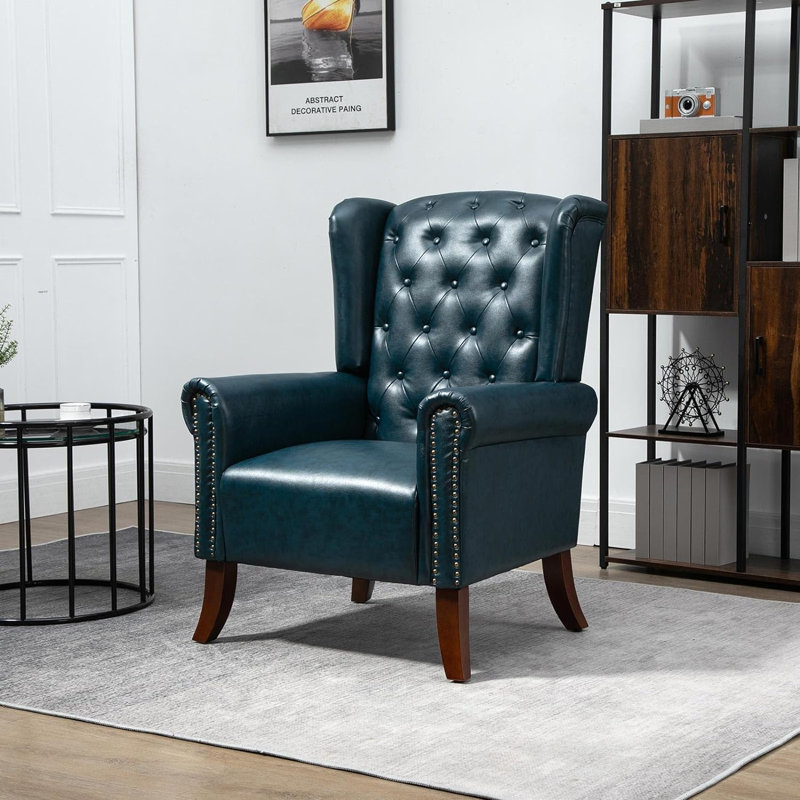 Dreggors Faux Leather Wingback Chair, Blue Faux Leather