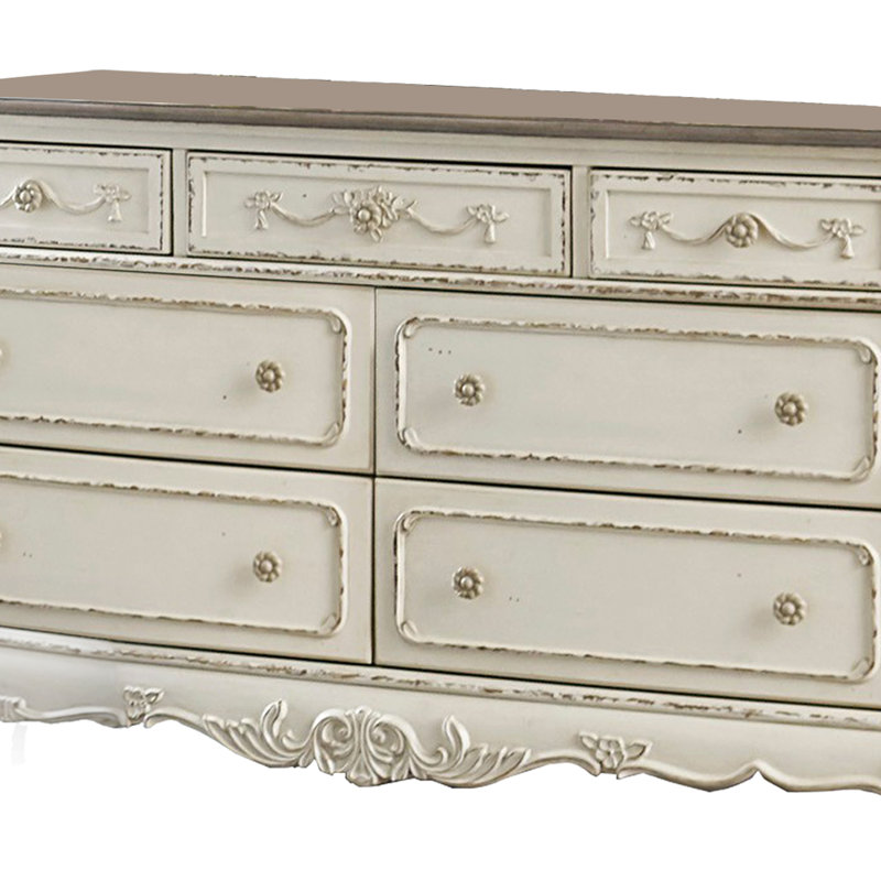 Garris Solid Wood 56.25'' W 7 Drawer Dresser with Floral Motif Carving Details, Antique White and Brown
