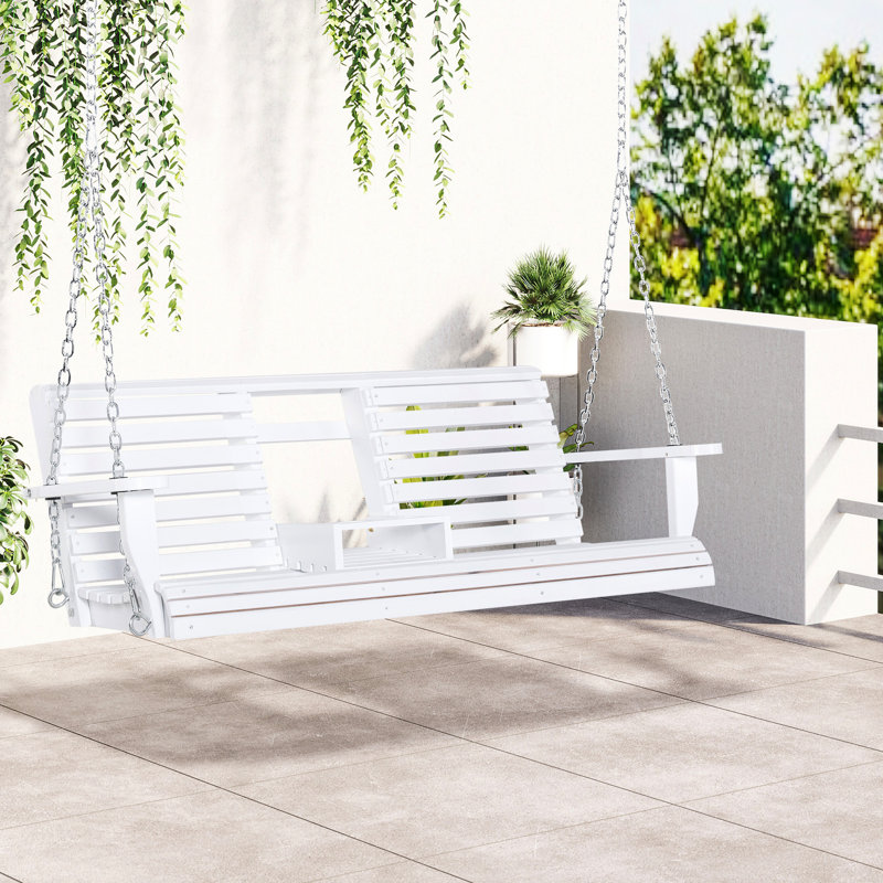 3 balancelles de véranda en bois avec porte-gobelets, table basse pliante et capacité de 440 lb, balançoire de patio en bois blanc protégé, table, poids de style classique