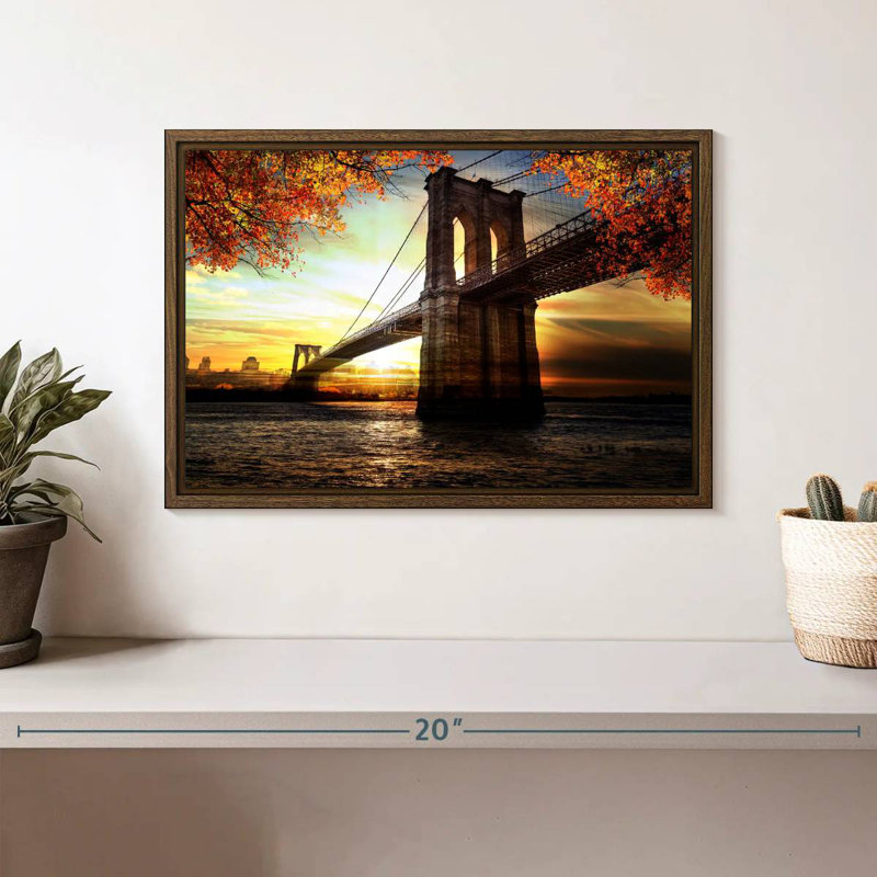 Paysage du pont de Brooklyn, 13 po x 9 po, Cadre flottant en noyer