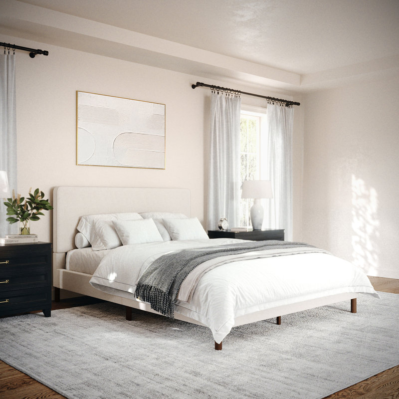 Martha Stewart Britta Upholstered Platform Bed With Piped Detail Headboard, Queen, Beige