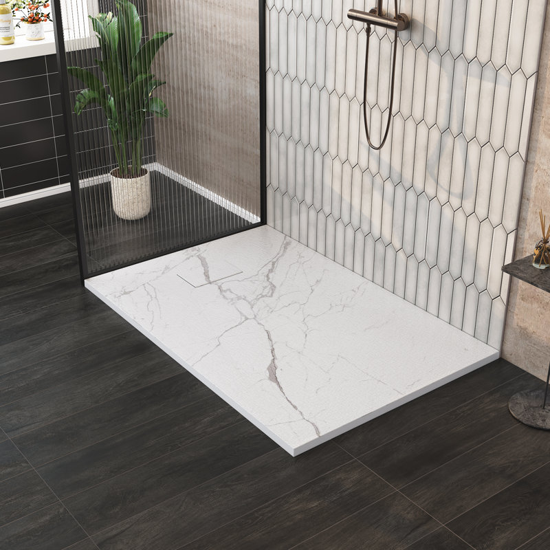 47.25" W X 31.5" D Rectangular Low-Profile Shower Base, Non-Slip, Marble Grain, White Marble Grain