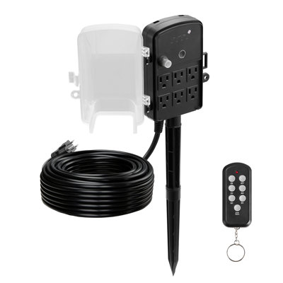 Piquet d'alimentation extérieur, cordon d'extension de 100 pi, multiprise extérieure résistante aux intempéries avec couvercle, minuterie télécommandée étanche à l'aube, 6 prises, 1625 W / 13 A, pour les lumières de Noël, jardin