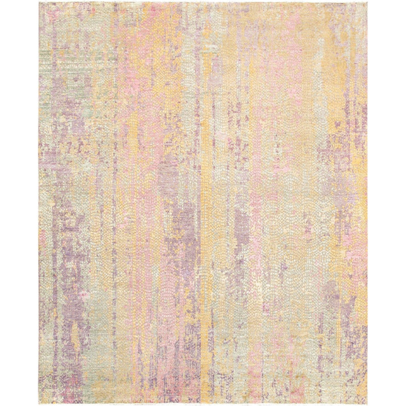 Tapis mauve / gris / orange en laine et en coton noué à la main sans motif de 7 pi 10 po x 9 pi 8 po sans motif
