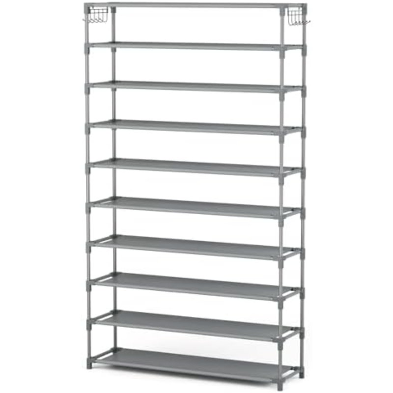 10 Tiers Shoe Rack 50 Pairs Large Capacity Tall Shoe Organizer Sturdy Shoe Storage With Two Hooks Space Saving Metal Wide Shoe Rack For Closet, Entryway, Bedroom, Grey