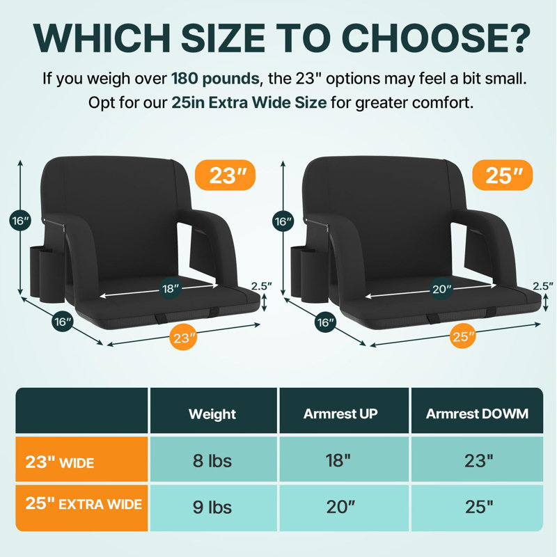 Stadium Seat For Bleachers With Back Support, Portable Reclining Bleacher Chair With Cushion, Adjustable Armrests, Hooks & Straps, Foldable Stadium Chair For Sports Games & Outdoor Events