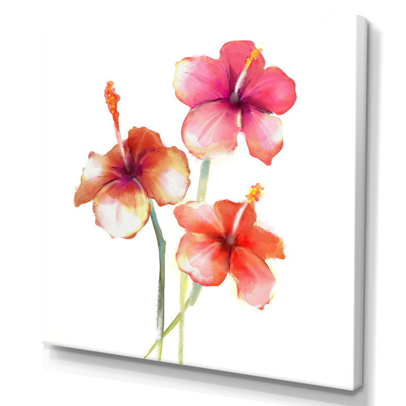 Red Hibiscus Flowers - reproduction de cadre photo sur toile, H 16 po x l 16 po x P 1 po, Toile tendue