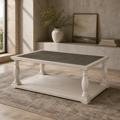 Rectangular 2-Tier Wooden Coffee Table with Turned Spindle Legs, Farmhouse Cocktail Table for Living Room, Vintage Center Table