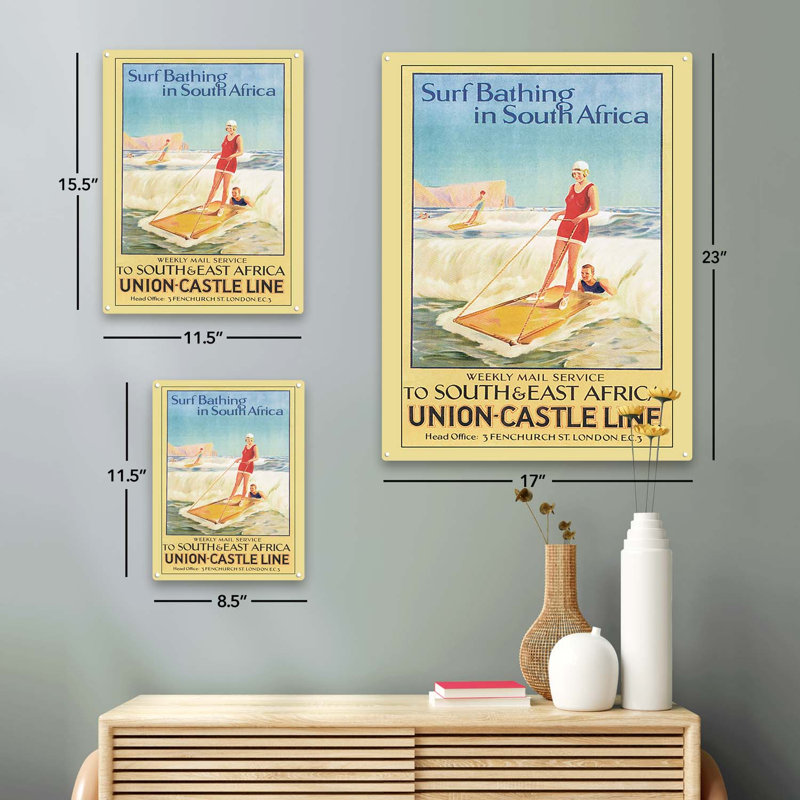 Baignade de surf rétro en Afrique du Sud sur impression métallique, H 15,5 po x l 11,5 po x P 0,04 po